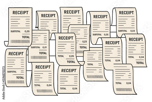 A collection of paper receipts is shown on a transparent background, featuring a realistic receipt, check, and payment bill printed on rolled and curved thermal paper