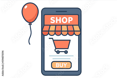 The concept of marketing and digital marketing is represented by shopping online through mobile applications, where stores and shops are accessible on smartphones, set against a website background