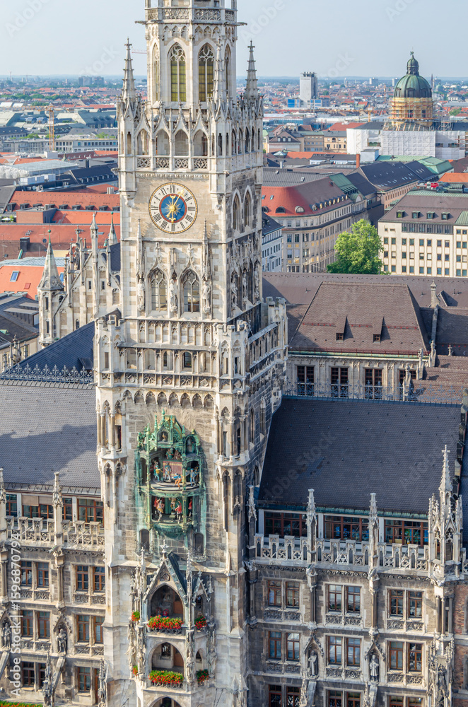 Obraz premium Aerial view of the Munich town hall, Bavaria, Germany, neo-Gothic building