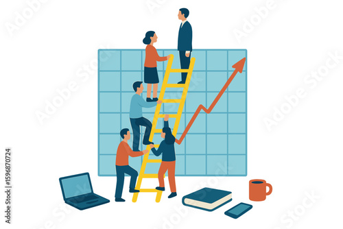 Concept of business coaching represented by individuals on an ascending arrow, depicted in a flat vector style