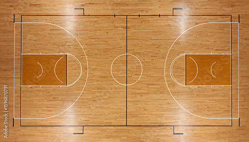 Overhead view of a polished hardwood basketball court with white lines wood floor