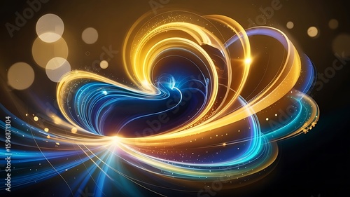 Abstract Golden and Blue Energy Flow with Glowing Light Trails in Futuristic Fantasy Style