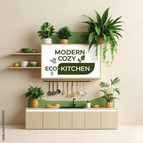 Interior view of a kitchen featuring plants, utensils, shelves, and a sign with eco kitchen text