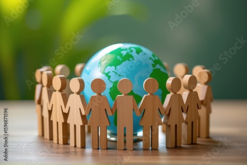 Wooden peg dolls, figures, surround a globe, symbolizing unity and collaboration among diverse communities in a vibrant, green setting.