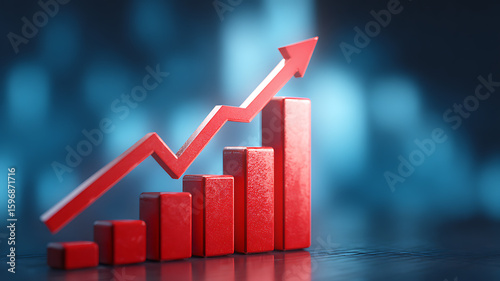 Red 3 D Bar Graph With Upward Arrow On Blue Background 3d render business