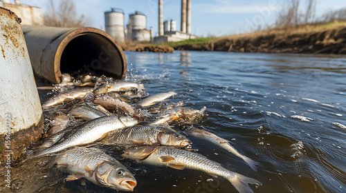 Water pollution impacts aquatic life as dead fish float near a discharge pipe, potentially linked to industrial activity. Environmental concerns are evident.