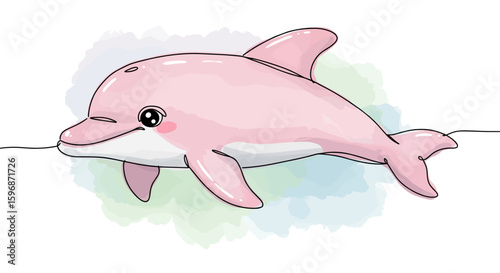 Pink dolphin symbolizing marine life and uniqueness — one line doodle drawing with watercolor fill, minimalistic vector illustration on white background