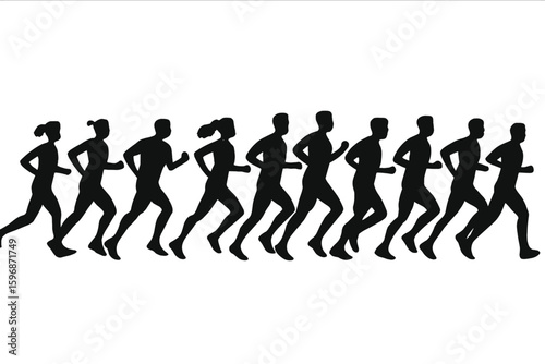 Collection of outlines featuring men, women, and children in the act of running, associated with the concepts of running and athletes
