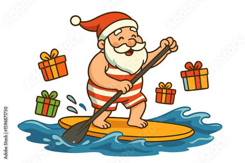 Vector cartoon illustration of a cute Santa Claus on a paddle board with gifts set against a tropical ocean background, symbolizing Christmas in July, summer, vacation, resort, and warm climate