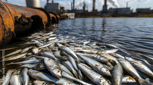 Dead fish accumulate near an industrial area, suggesting environmental pollution and its impact on aquatic life and ecosystem health.