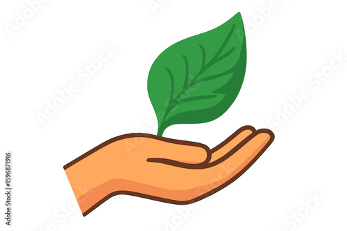 Symbol of ecology and saving the environment, represented by an eco-friendly icon of plant leaves in hand