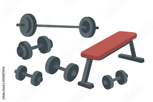 Vector illustration of weightlifting equipment including barbells and dumbbells, suitable as a design element for logos, labels, signs, emblems, and banners