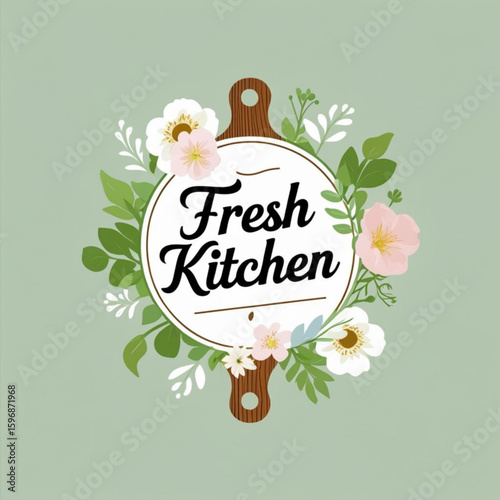 Illustration of fresh kitchen text on a wooden board with floral decorations surrounding it nicely done