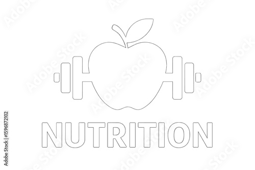 Fitness nutrition logotype featuring a green apple with measure tape and metal dumbbell in a vector design for a sports nutrition logo template
