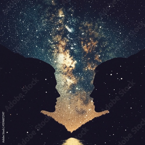 Two silhouetted faces appear in profile, formed by a valley under a breathtaking starry sky with the Milky Way reflecting in water, creating a romantic and surreal cosmic scene.