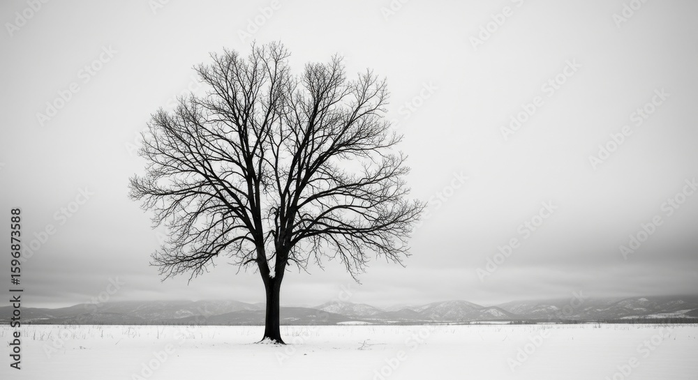 Fototapeta premium A solitary bare tree stands in a vast snowy field under a cloudy sky