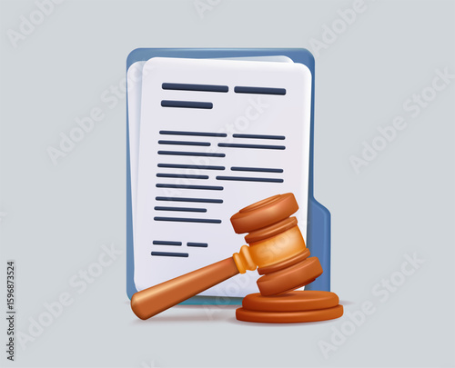 Legal document, attorney or court professional office, law and judgment approval paper concept, 3D render vector illustration. Legal document with a gavel hammer symbol of court or judgement