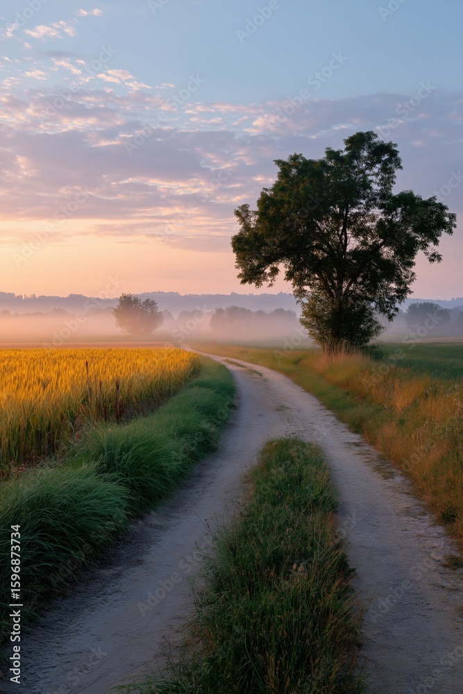 Serene dirt path through misty countryside at sunrise Serene dirt path through misty countryside at sunrise