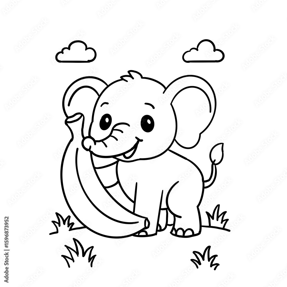 Obraz premium Elephant & banana-hand drawing An elephant offering a banana with its trunk