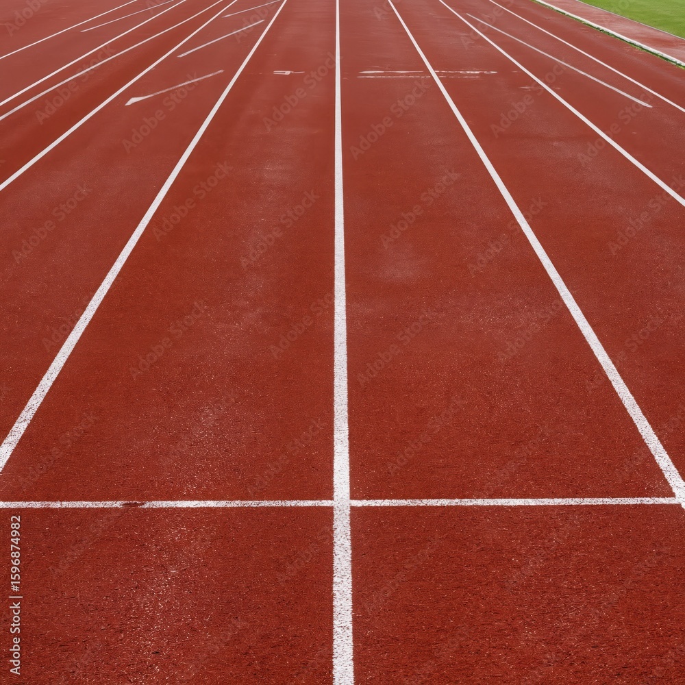 Fototapeta premium Red running track marked by white lines at sport competition. Artificial grass background. Single lane with flat surface, even spacing. Low angle view with extended distance.