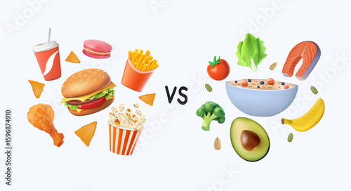 Healthy vs unhealthy food 3D render vector illustration. Concept of choice between good and bad nutrition. Fastfood, sweet and fat eating versus balanced product set. Colored vector illustration
