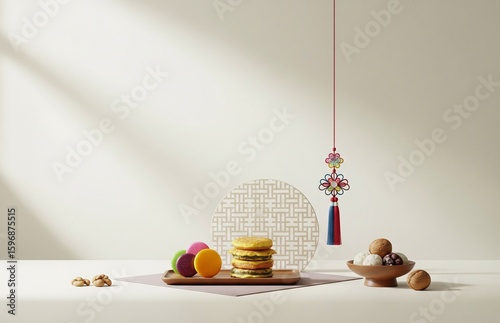 한복과 추석 설날 한가위 명절 배경 이미지