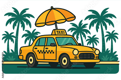 Illustration of a tuk tuk auto rickshaw tricycle taxi with palm trees under the sun, representing a hot summer exotic destination vacation with beach and water activities for recreation