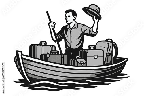 A woman who farms standing on a vessel in the South China Sea, depicted in a sketch that is a vector illustration