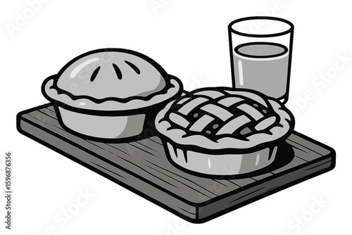 A hand drawn vector illustration of Scotland's iconic food and drink symbols, including a scotch pie and a glass of whisky on the rocks, suitable for use in tourism and travel materials