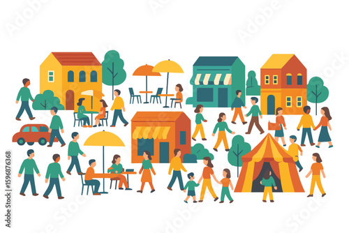 Vector illustration depicting a street food set with vendors selling food at various outlets including cafes, kiosks, booths, food trucks, and carts