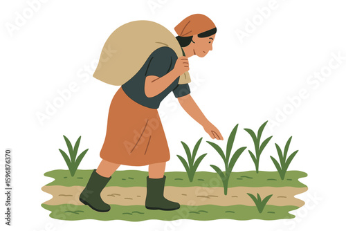 Vector illustration of a Tea Picker Woman, an Indian or Sri Lankan tea plantation worker, collecting tea leaves in a basket on a plantation