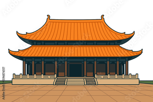 Traditional Hanok Korean House Building is represented in an editable front view vector illustration with an outline style suitable for artwork elements related to Oriental history and culture design