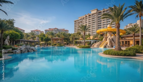 Fototapeta Naklejka Na Ścianę i Meble -  Luxurious resort features large blue pool surrounded by palm trees, green plants, white building with yellow slide. Serene atmosphere with vibrant contrast. Poolside with luxurious deck chairs,
