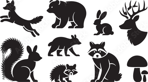 Forest animals and mushroom silhouettes bear rabbit