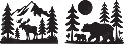 Moose and bear with mountains and trees vector