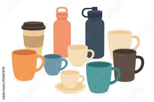 Reusable cups set with hand drawn design for take away drinks, featuring a speech bubble with My cup please phrase, Bring your own cup slogan, and tips for less waste, zero waste, and eco friendly