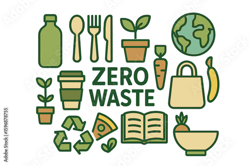 A flat vector illustration featuring a range of eco-friendly products including glass jars, wooden cutlery, and reusable bags, promoting zero waste and conscious consumption