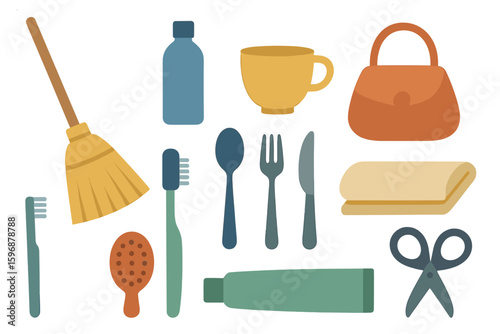 Vector illustrations of a zero waste life, featuring isolated bathroom elements such as a loofah, eco-friendly bamboo toothbrush, menstrual cup, wooden comb, razor, and eco swabs