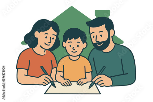 Illustration of a green home with a transparent background, featuring an ecological house and tiny flat persons, highlighting the concept of building properties with sustainable and nature-friendly