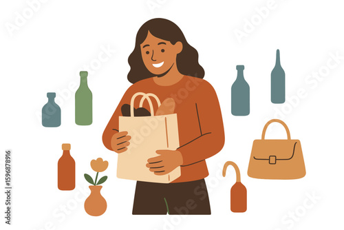 A zero waste store setup typically includes a dispenser for bulk goods, a glass container, and a textile product