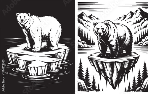 Polar bear standing on ice floe with mountainous background water