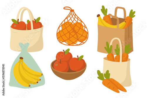 Vector cartoon isolated set featuring eco bags, organic products shopping, green local market, fruit and vegetables, and environmental concern to save the planet with different food savings string