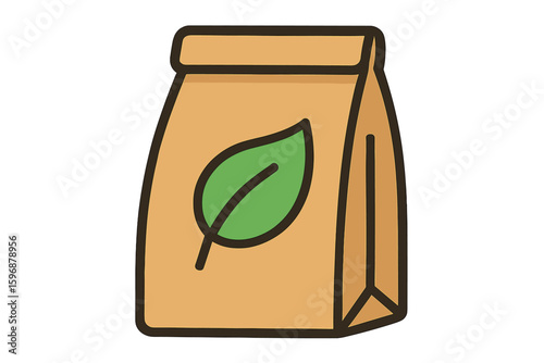 Eco-friendly packaging idea featuring a paper bag with a leaf, made from recycled and compostable materials, symbolizing a biodegradable and environmentally responsible product, represented as a