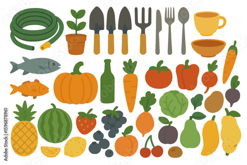 A collection of gardening equipment and tools, including organic waste, wood and plastic composters, related to farming and agriculture