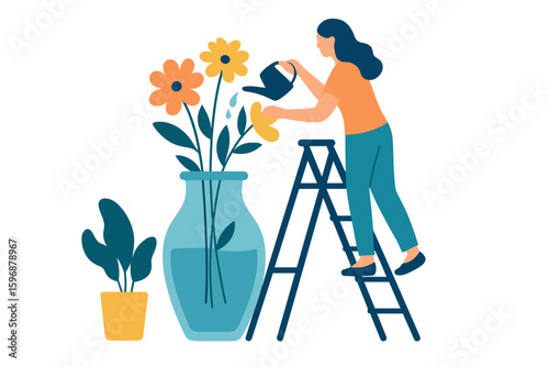 Upcycling concept featuring a man and woman caring for plants, utilizing glass bottles as vases and pots, with flowers and seedlings growing inside, symbolizing creative reuse and sustainability in a