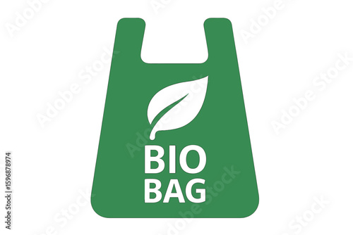 A green compostable symbol featuring a leaf design represents eco-friendly biodegradable packaging with a bio bag logo