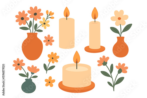 Collection of hand-drawn vector illustrations featuring various scented candles made from beeswax, paraffin, soy, and coconut wax, presented in jars and pillars with greenery and abstract shapes