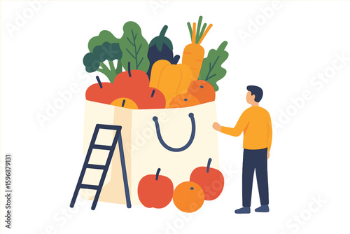 A family is seen carrying eco-friendly natural bags with their purchases, embodying the concept of caring for the environment through zero waste, vegetarianism, and ecological grocery shopping with