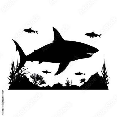 Great White Shark Silhouette: A formidable great white shark gracefully navigates the underwater world, a black silhouette against a stark backdrop. Evoking the raw power and mystery of the ocean.