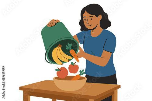 Vector illustration representing the zero waste concept through a woman making compost, symbolizing composting